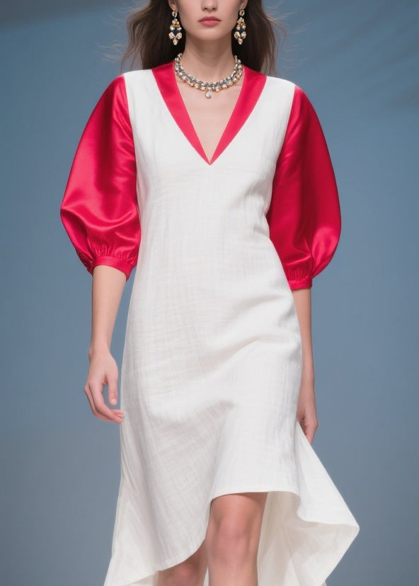 Deep V-Neck Puff Sleeve Contrast Trim High Low Midi Dress - View 2