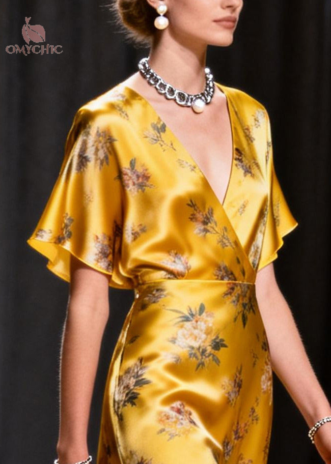 Satin Floral Wrap V-Neck Flutter Sleeve Sheer Ruffle Hem Midi Dress - View 2