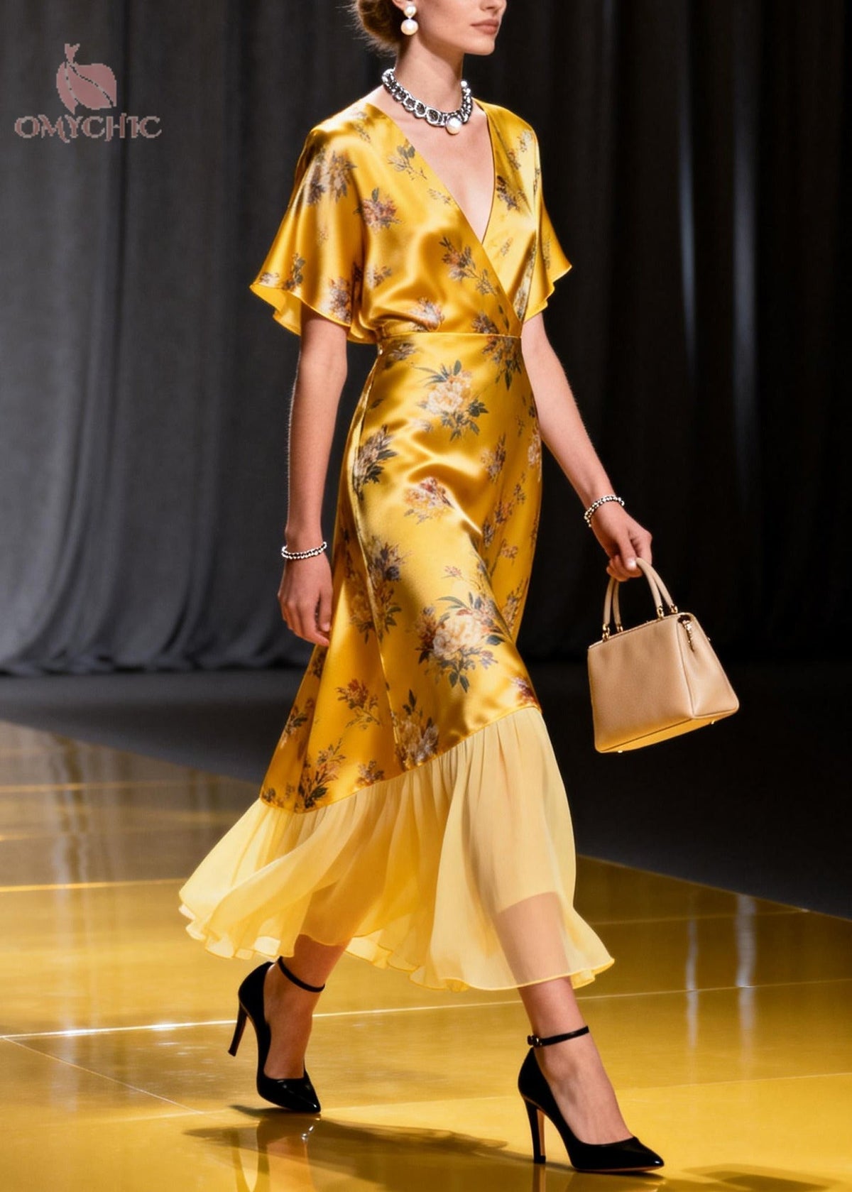 Satin Floral Wrap V-Neck Flutter Sleeve Sheer Ruffle Hem Midi Dress - View 5