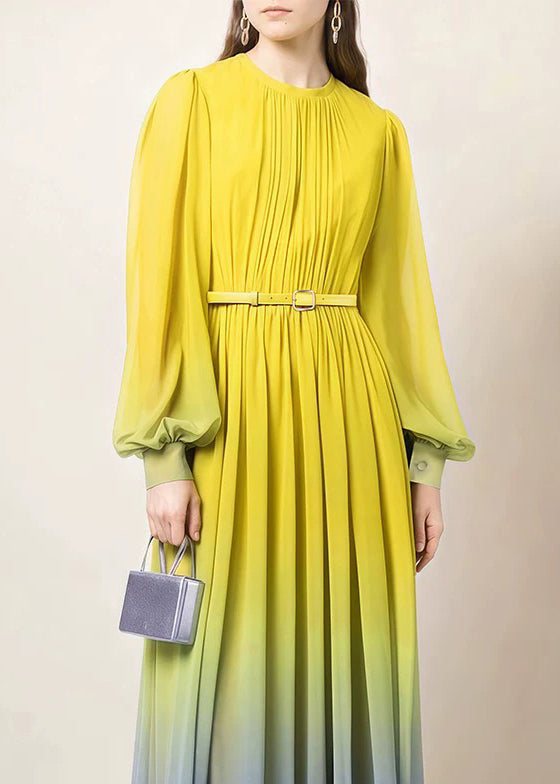 Chiffon Ombre Gradient Pleated Mock Neck Bishop Sleeve Maxi Gown - View 3