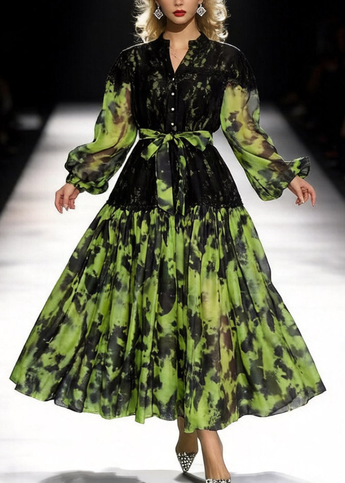 Italian Green Ruffled Lace Patchwork Maxi Dresses Spring - View 5