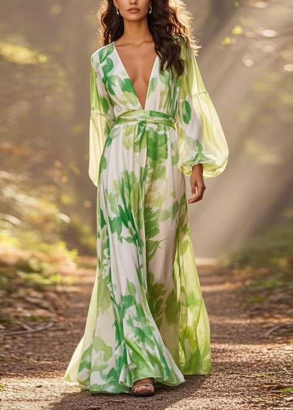 Botanical Print Deep V-Neck Bishop Sleeve Tie Waist A-Line Maxi Dress - View 3