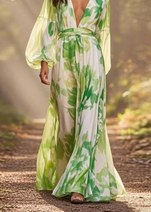 Botanical Print Deep V-Neck Bishop Sleeve Tie Waist A-Line Maxi Dress - View 4