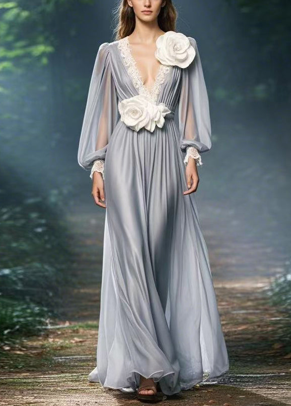 Chiffon Deep V-Neck Lace Trim Bishop Sleeve Floral Applique Maxi Gown - View 5