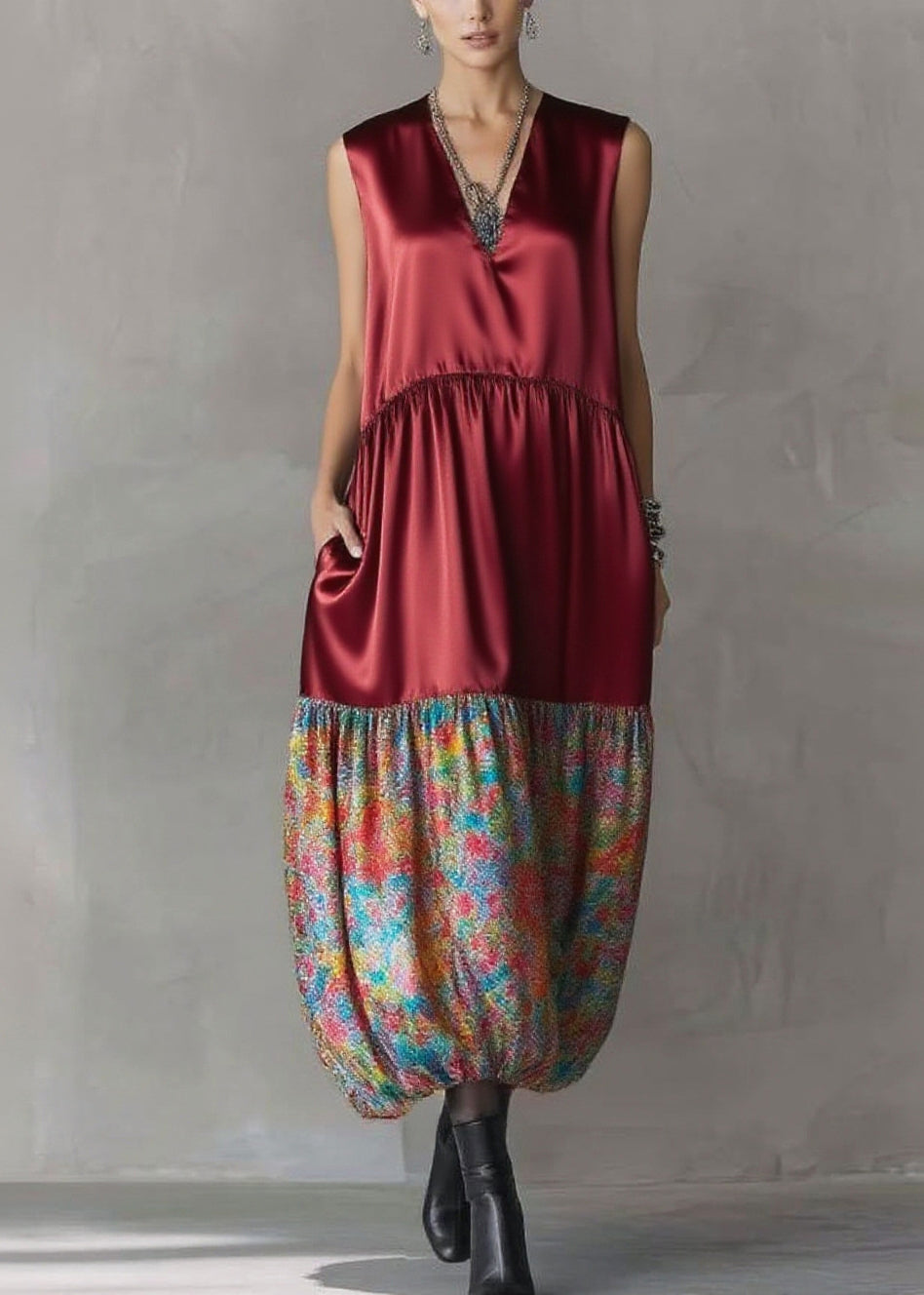 V-Neck Sleeveless Empire Waist Patchwork Bubble Hem Tiered Maxi Dress - View 3