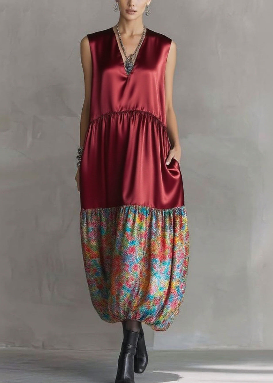 V-Neck Sleeveless Empire Waist Patchwork Bubble Hem Tiered Maxi Dress - View 5