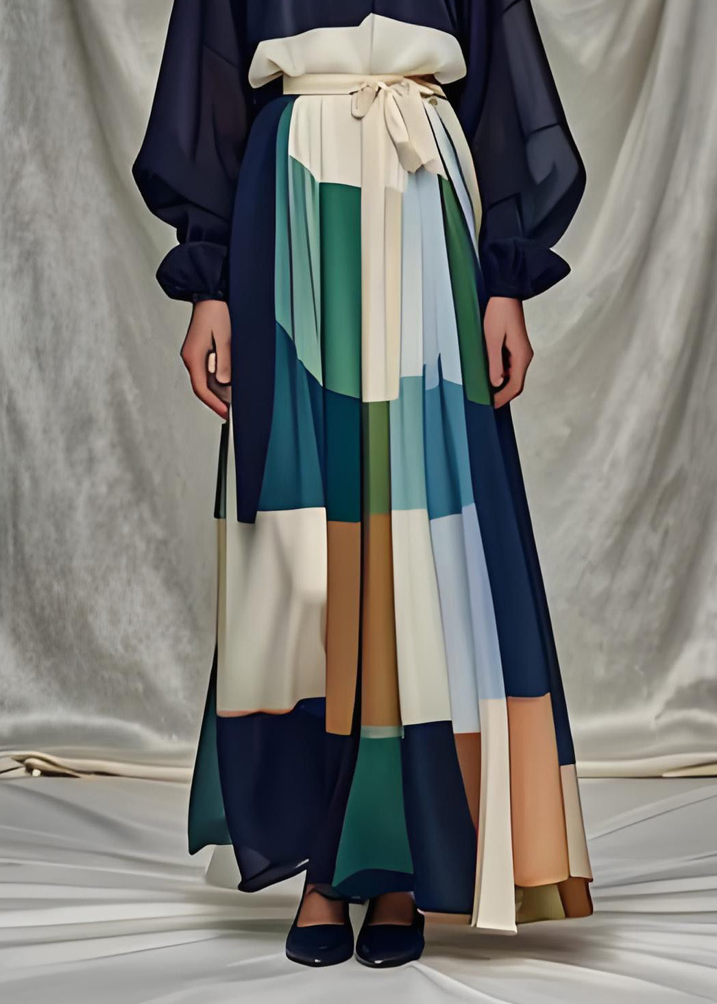 Patchwork Bishop Sleeve Tie Sash A-Line Maxi Dress - View 5