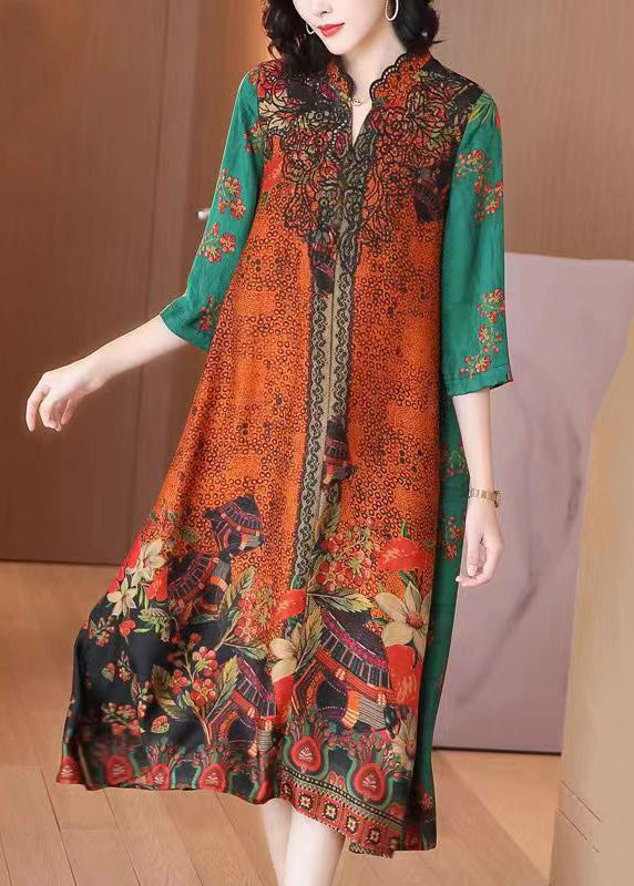 Patchwork Print Notched Collar Scalloped Trim A-Line Midi Dress