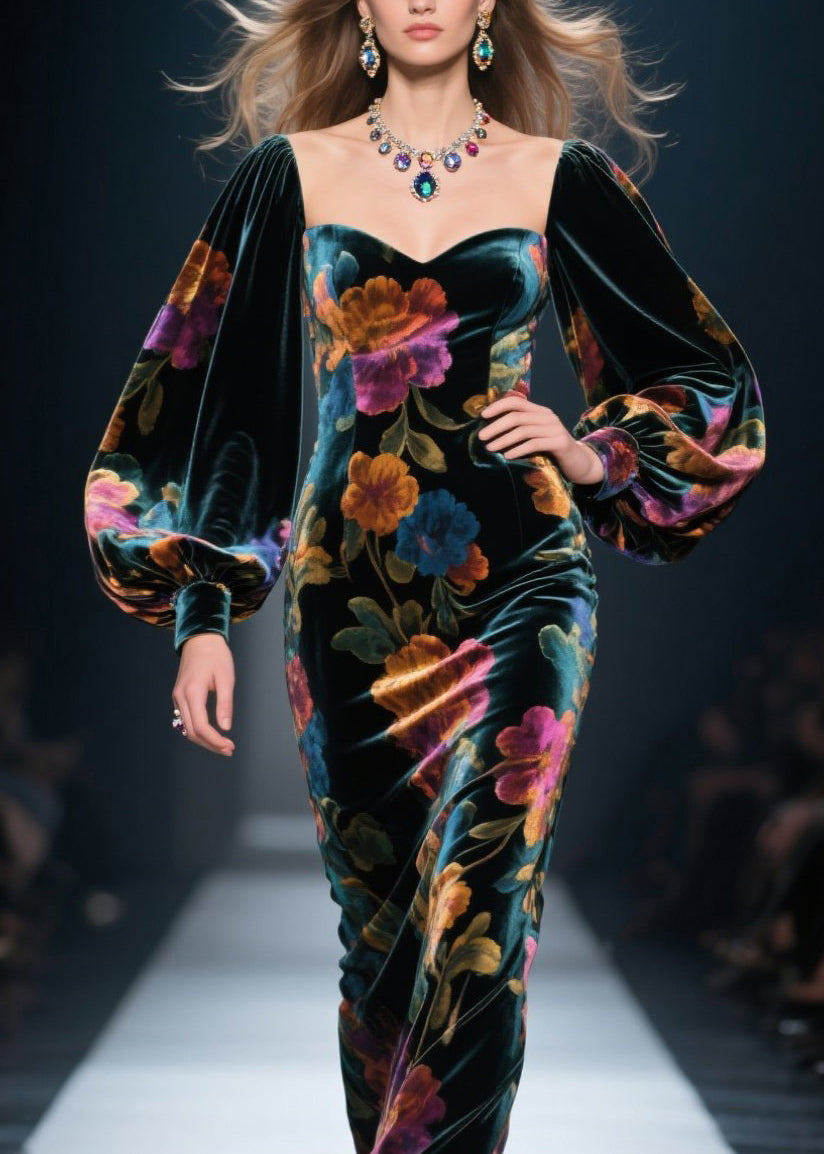 Velvet Floral Sweetheart Puff Sleeve Maxi Gown - View 2