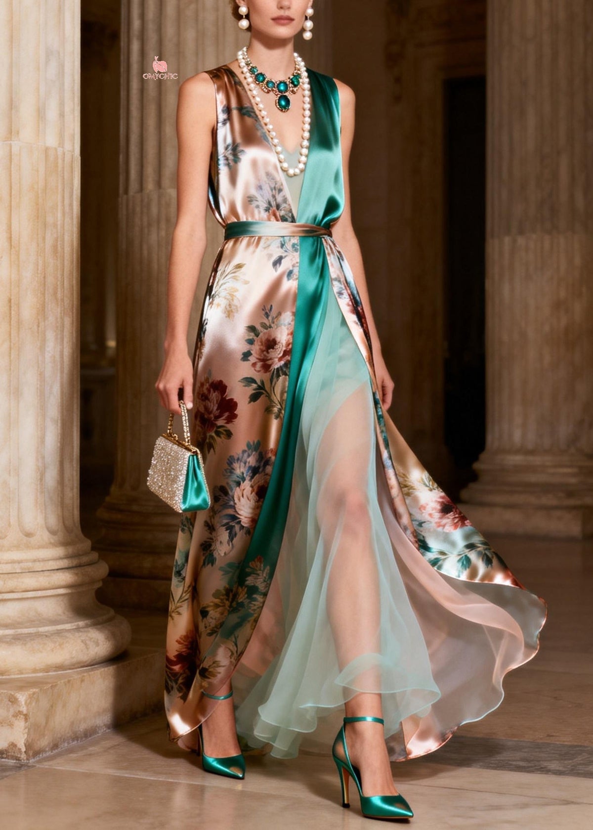 Rose Floral Print Wrap V-Neck Belted Tulle Underskirt High Split Gown - View 5