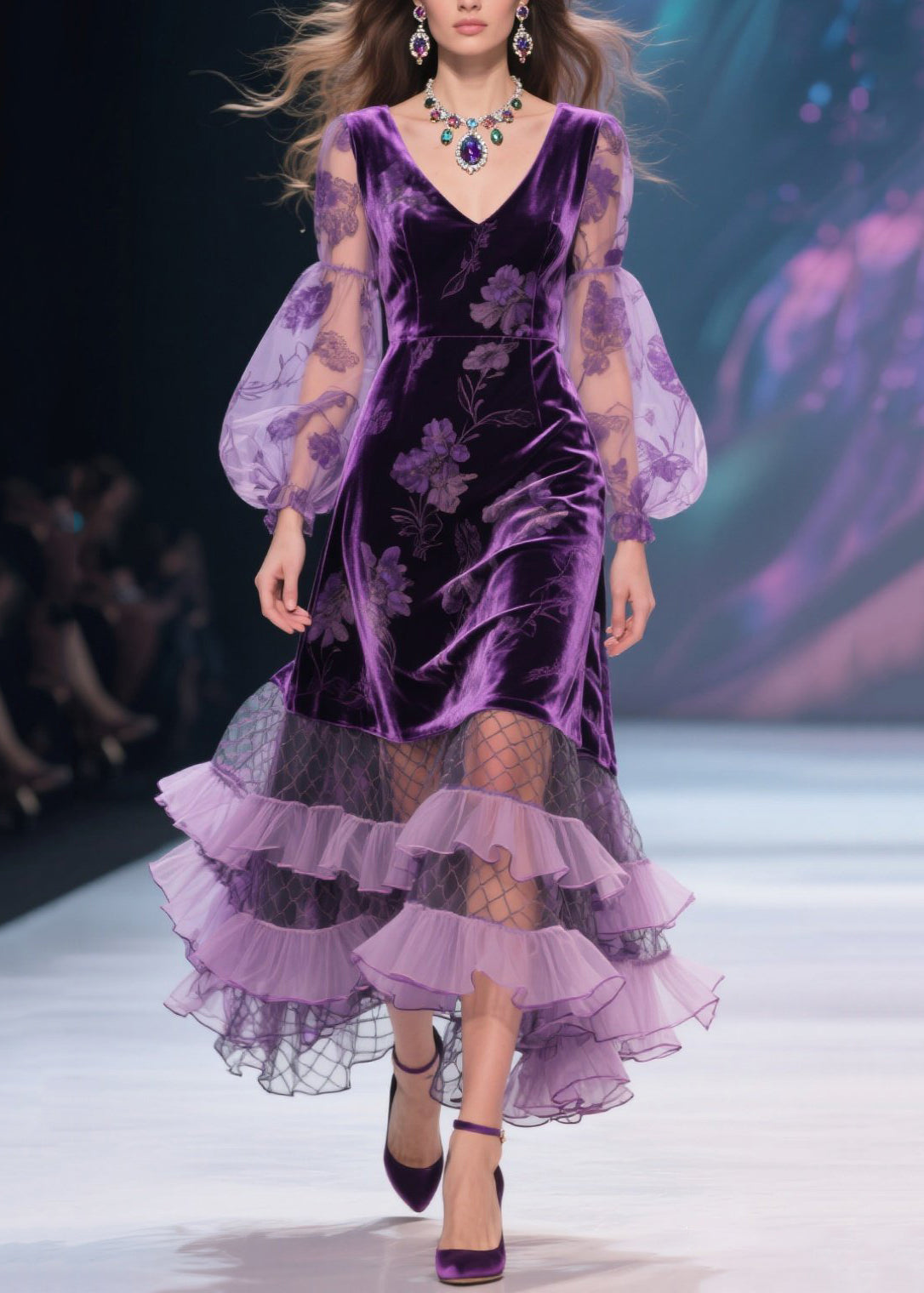 Italian Purple V Neck Print Tulle Ruffled Velvet Dress Fall