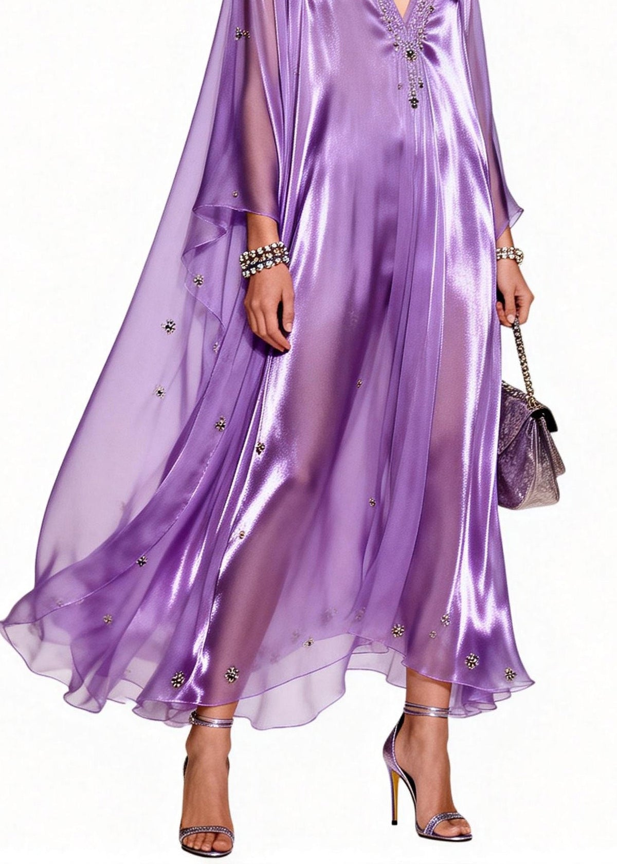 Sequin Floral Beaded Deep V-Neck Cape Sleeve Kaftan Maxi Gown - View 4