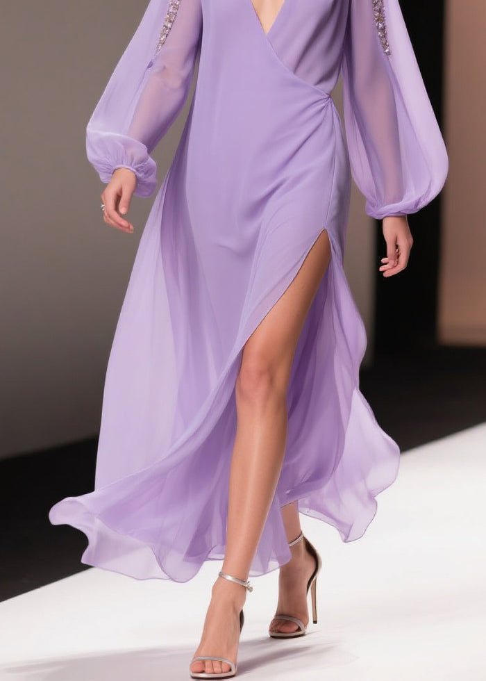 Chiffon Wrap Deep V-Neck Beaded Shoulder Bishop Sleeve Maxi Gown - View 4