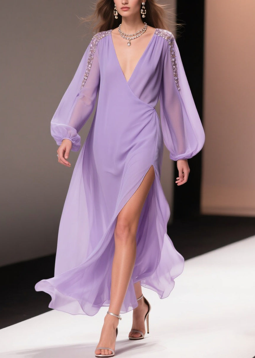 Chiffon Wrap Deep V-Neck Beaded Shoulder Bishop Sleeve Maxi Gown - View 5