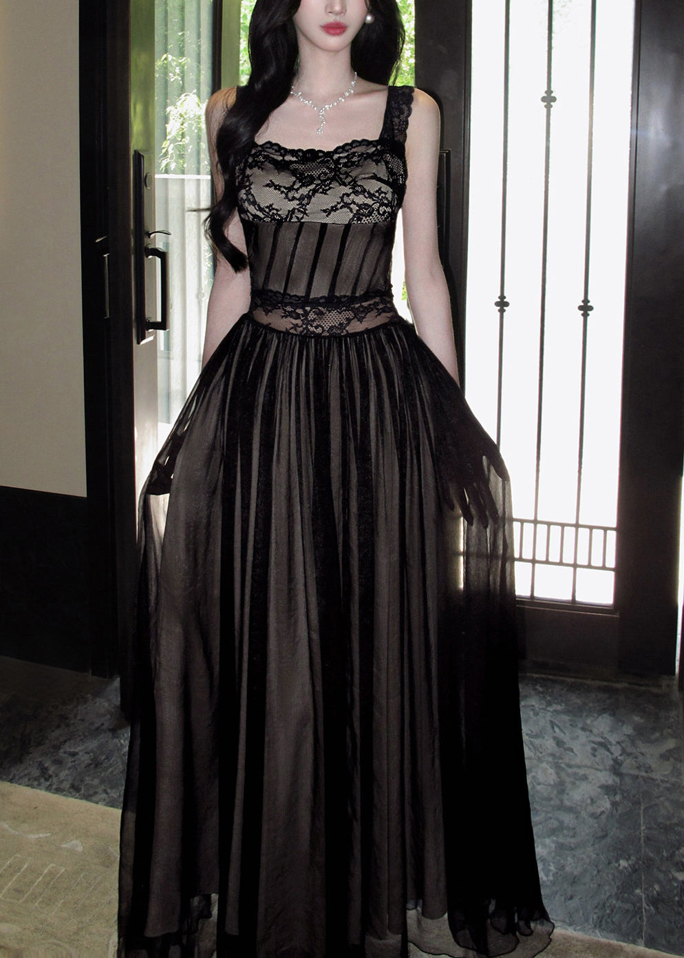 Italian Red Lace Patchwork Tie Waist Tulle Maxi Dress