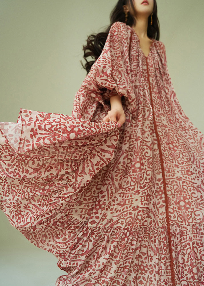 Italian Ruffled Print Lace Up Cotton Long Dress Fall - View 4