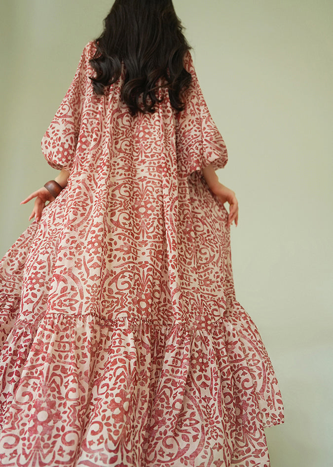 Italian Ruffled Print Lace Up Cotton Long Dress Fall - View 5