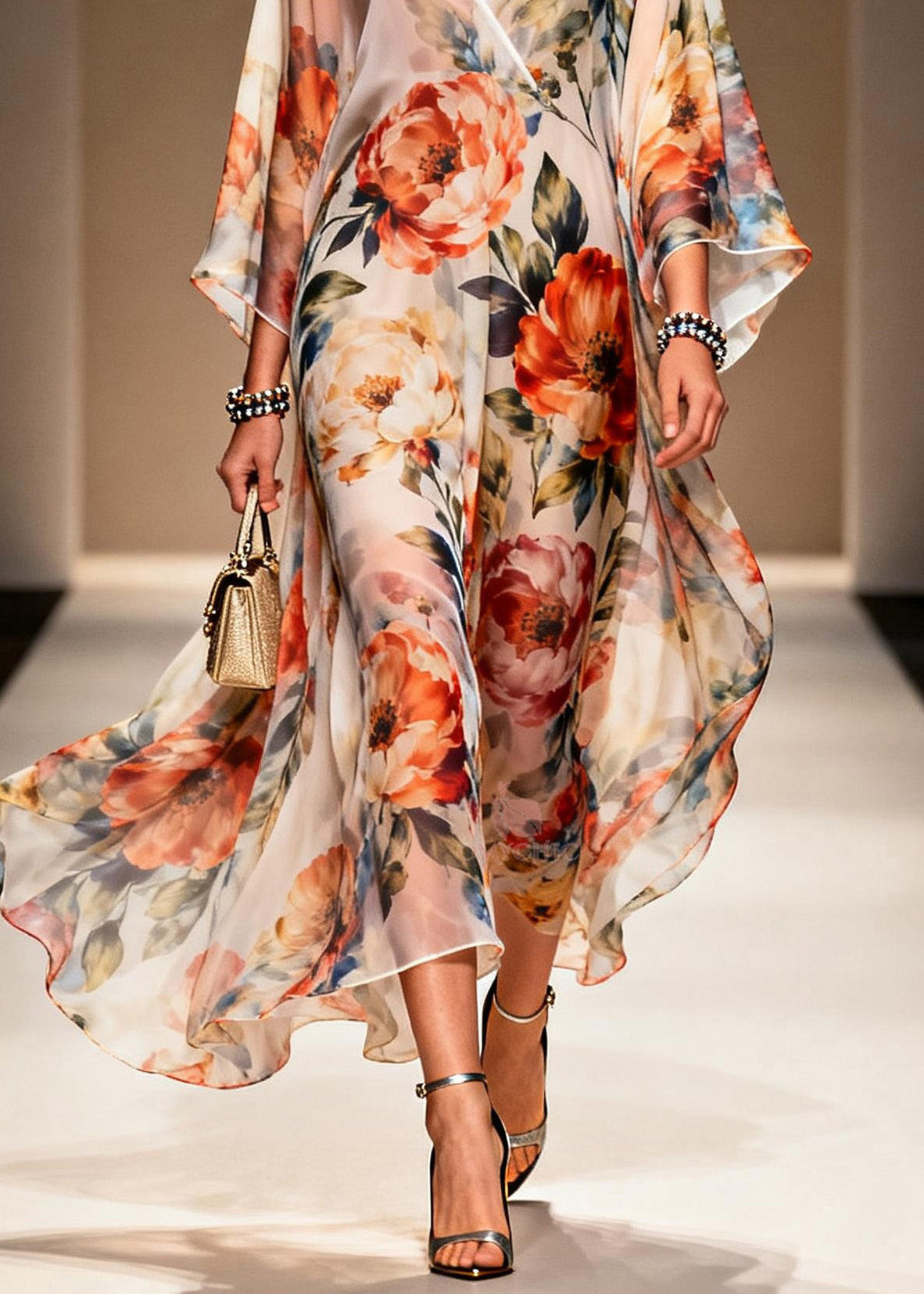 Floral Print Deep V-Neck Wrap Kimono Sleeve High Split Maxi Gown - View 4