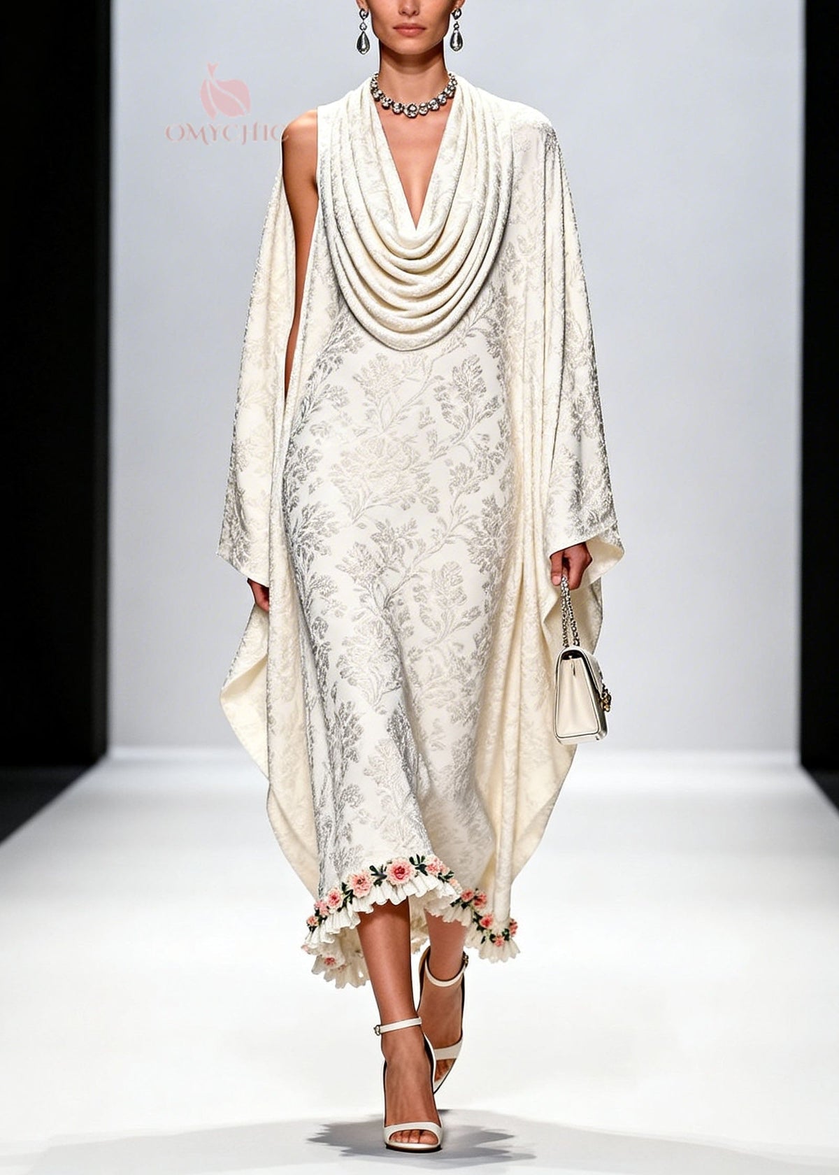 Italian White Draped Neckline Print Ruffled Floral Silk Dress Fall - View 3