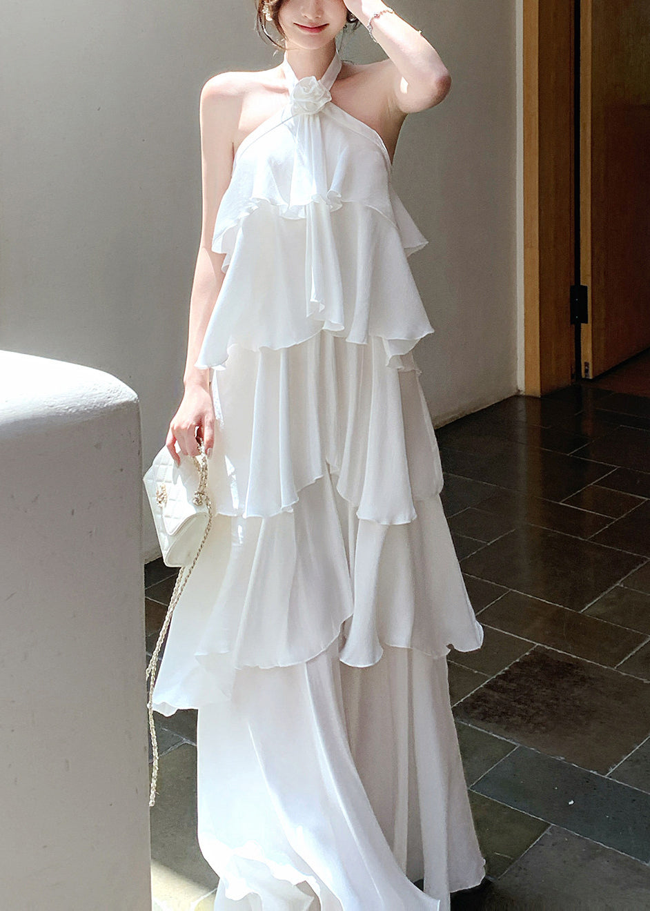 Italian White Ruffled Cold Shoulder Chiffon Halter Dress Summer - View 2