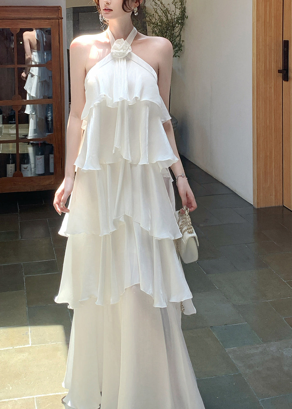 Italian White Ruffled Cold Shoulder Chiffon Halter Dress Summer - View 3