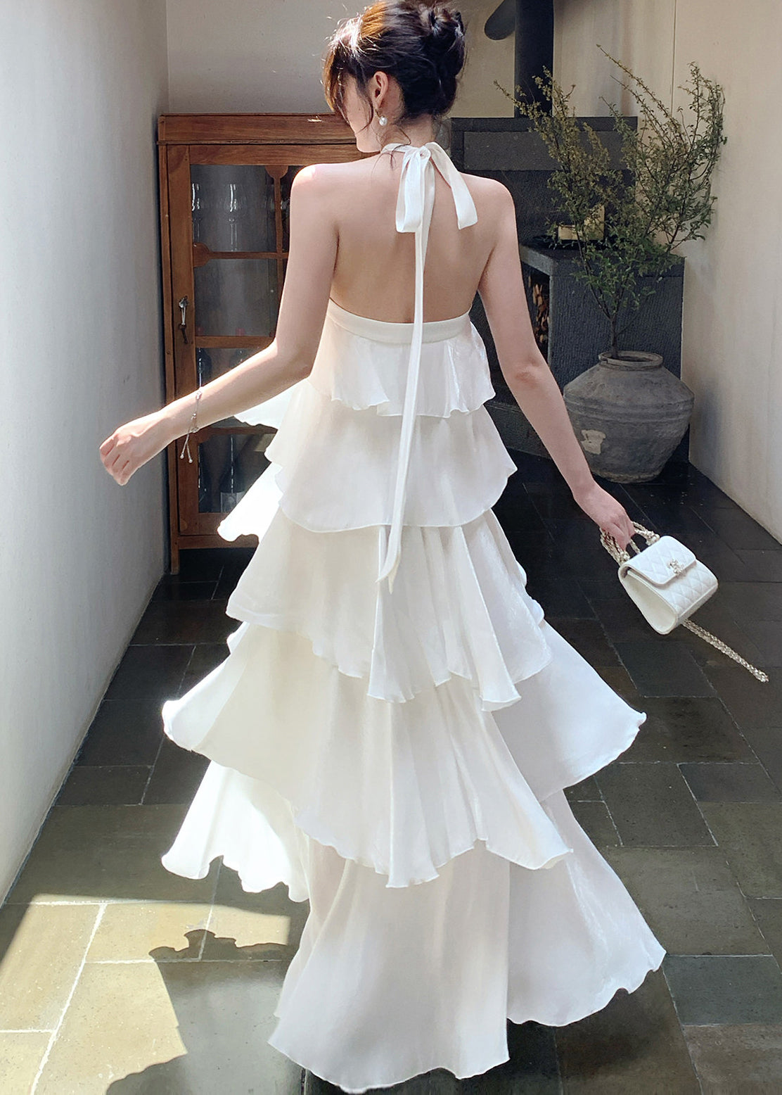 Italian White Ruffled Cold Shoulder Chiffon Halter Dress Summer - View 4