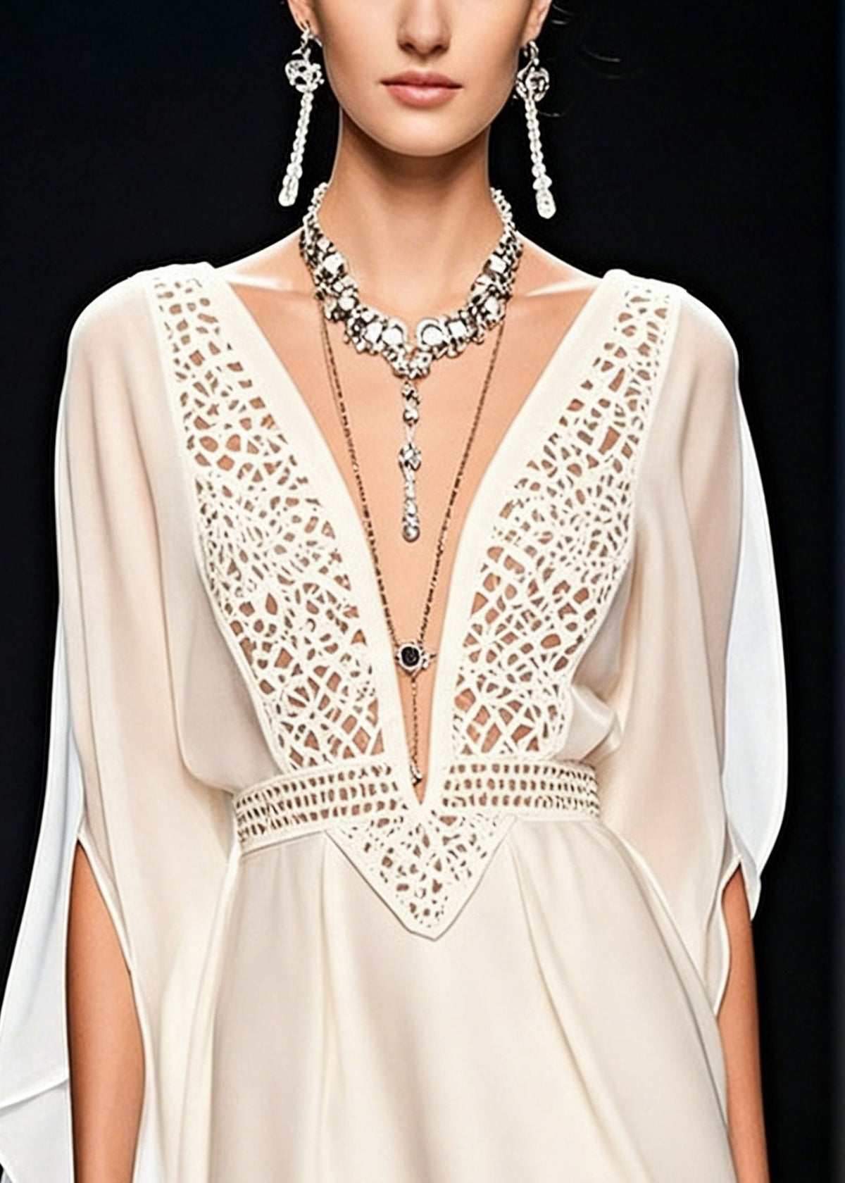 Deep V-Neck Chiffon Lace Cut Out Batwing Sleeve Mini Dress - View 2