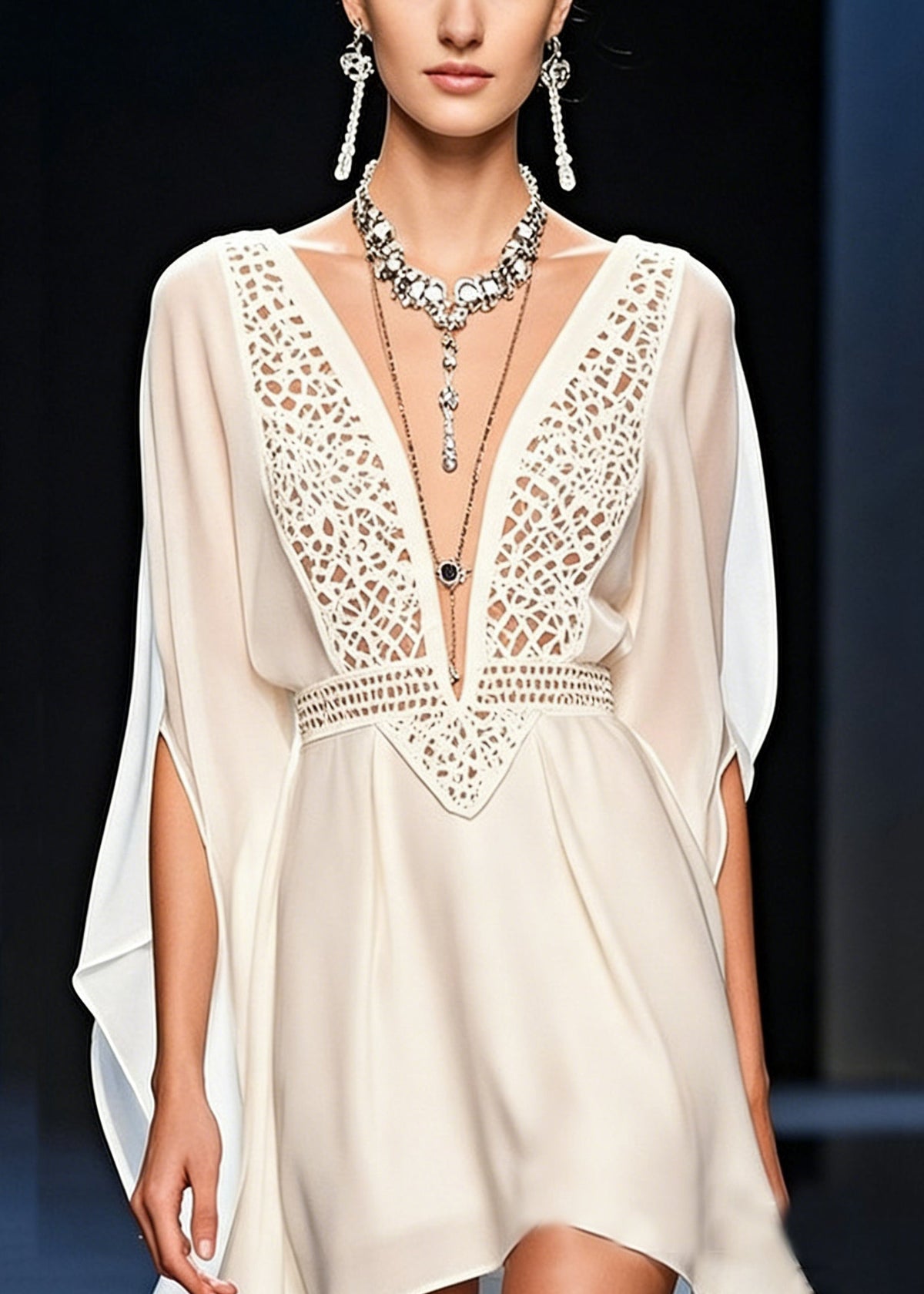 Deep V-Neck Chiffon Lace Cut Out Batwing Sleeve Mini Dress - View 4