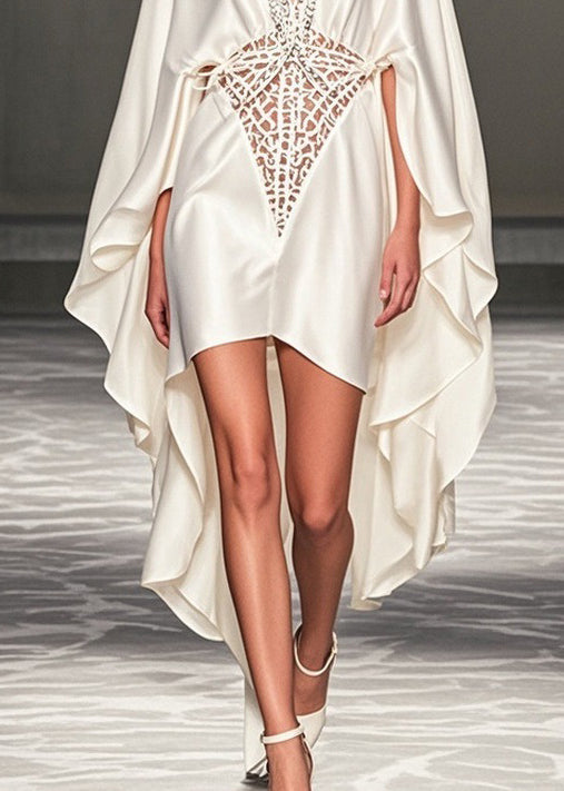 Deep V-Neck Cape Sleeve Lattice Cut Out High Low Party Gown - View 4