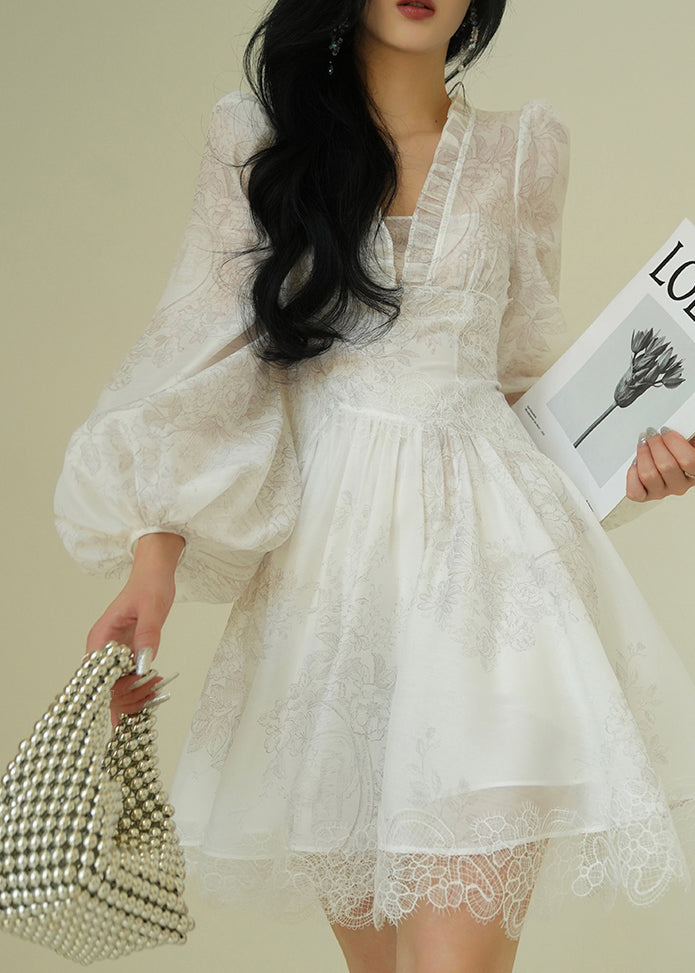 Italian White V Neck Print Lace Patchwork Mid Dress Puff Sleeve - View 2