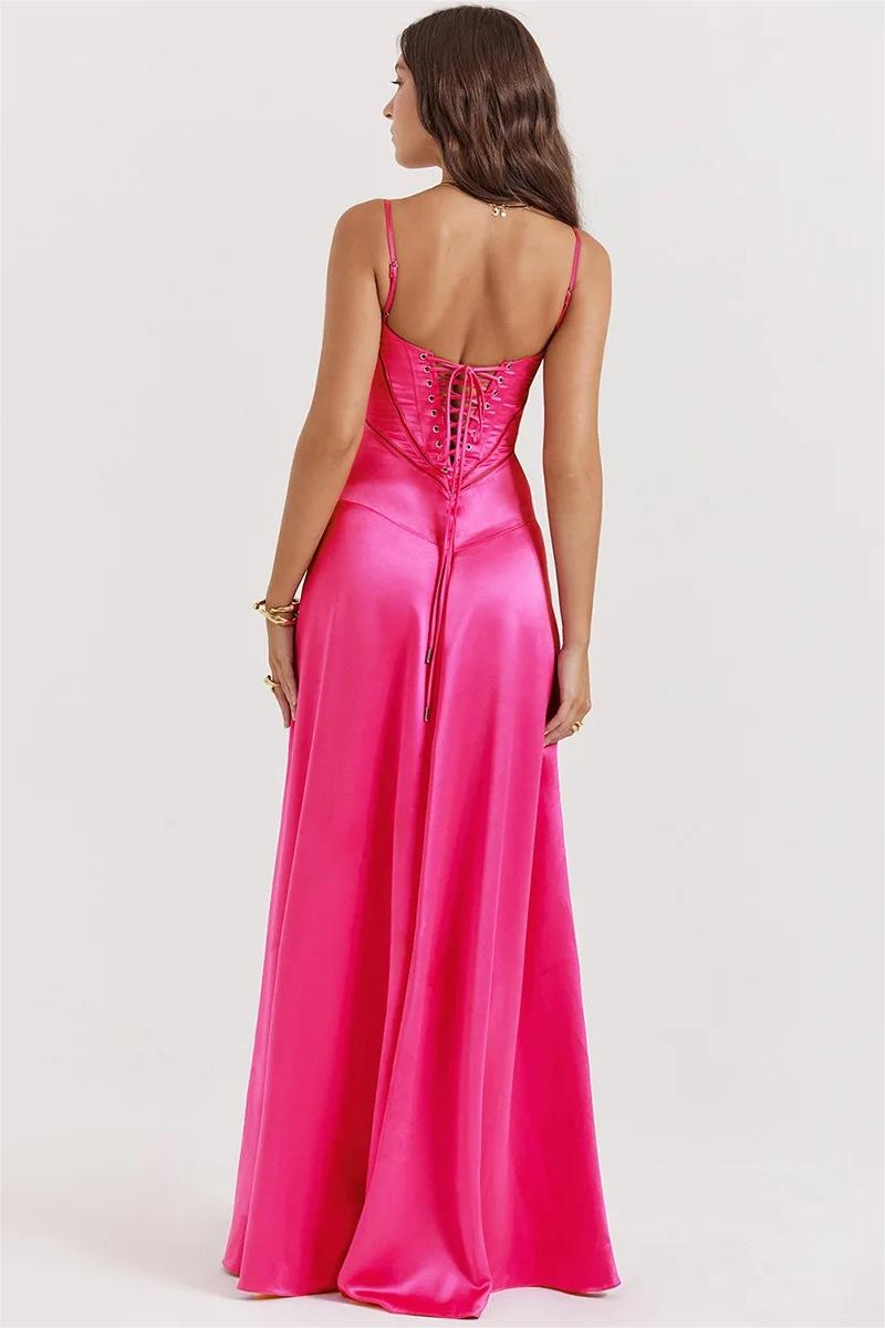 Satin Solid Lace Up Maxi Dress Fuchsia - View 3