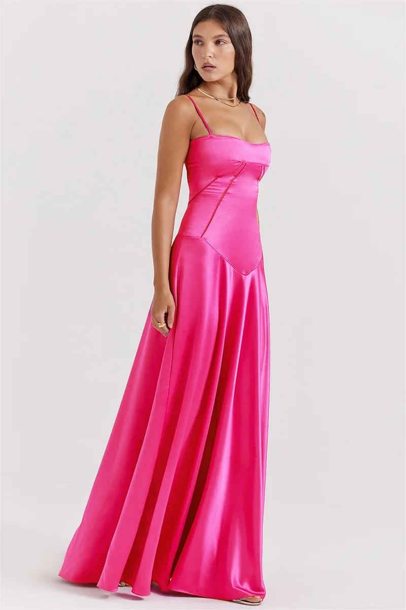 Satin Solid Lace Up Maxi Dress Fuchsia - View 6