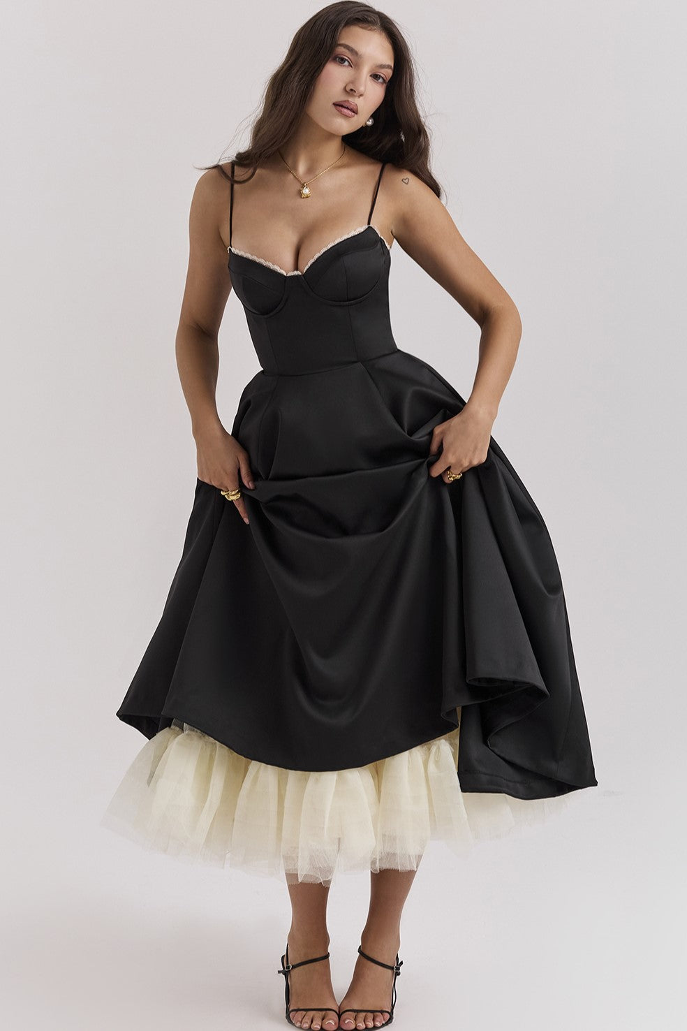 Lace Mesh Sweetheart Neck Midi Dress in black