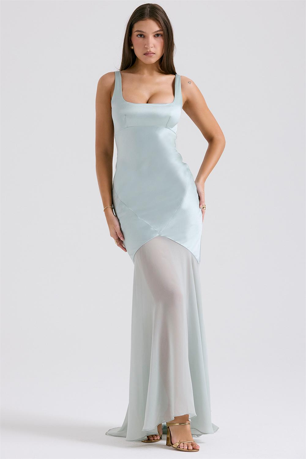 Solid Satin Mesh Sleeveless Maxi Dress in blue - View 7