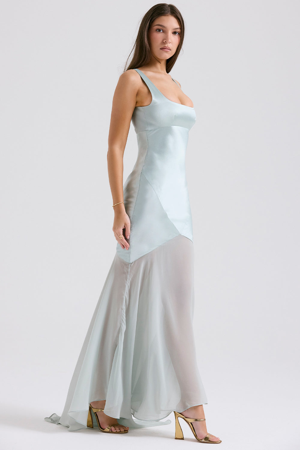 Solid Satin Mesh Sleeveless Maxi Dress in blue - View 5