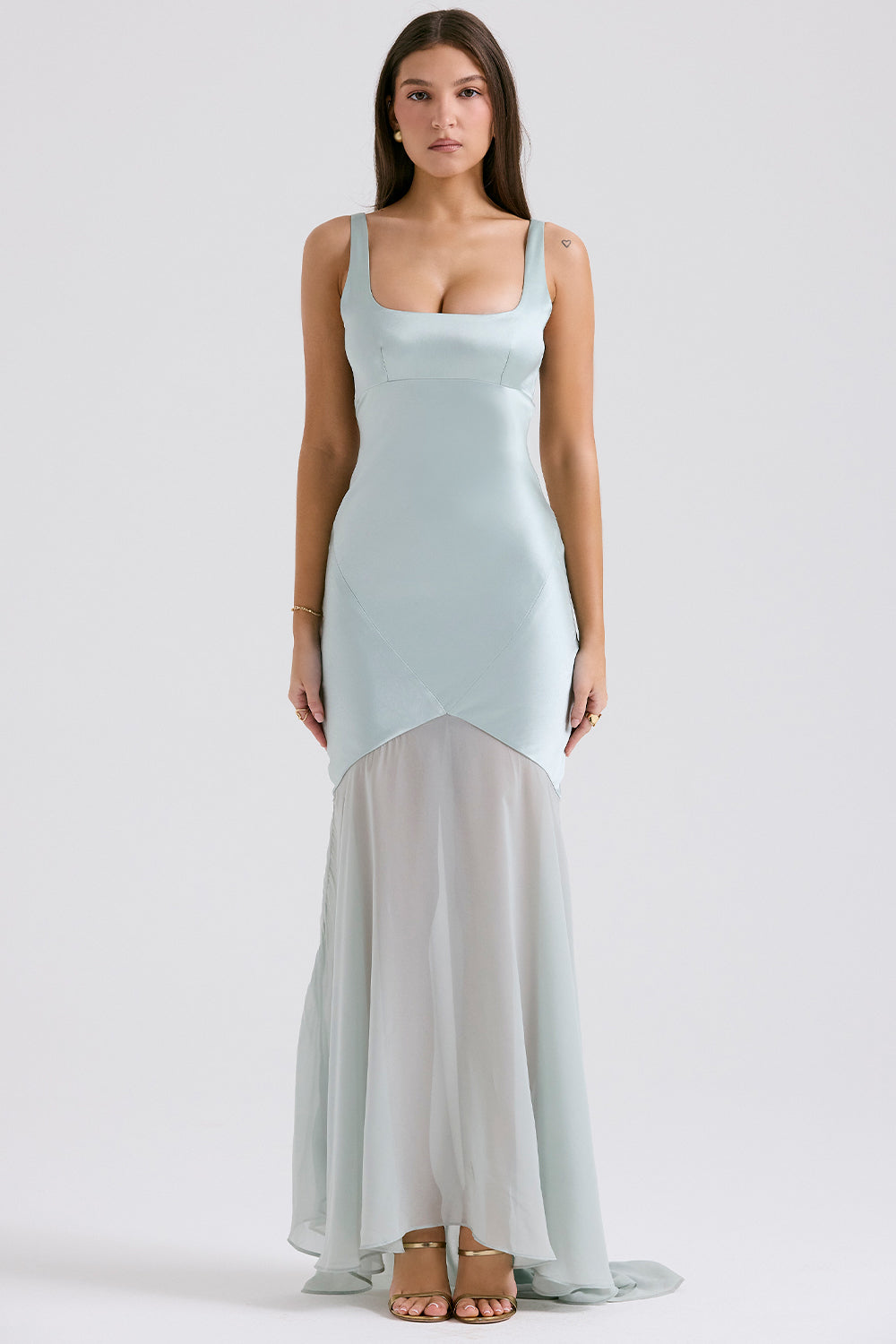 Solid Satin Mesh Sleeveless Maxi Dress in blue - View 4