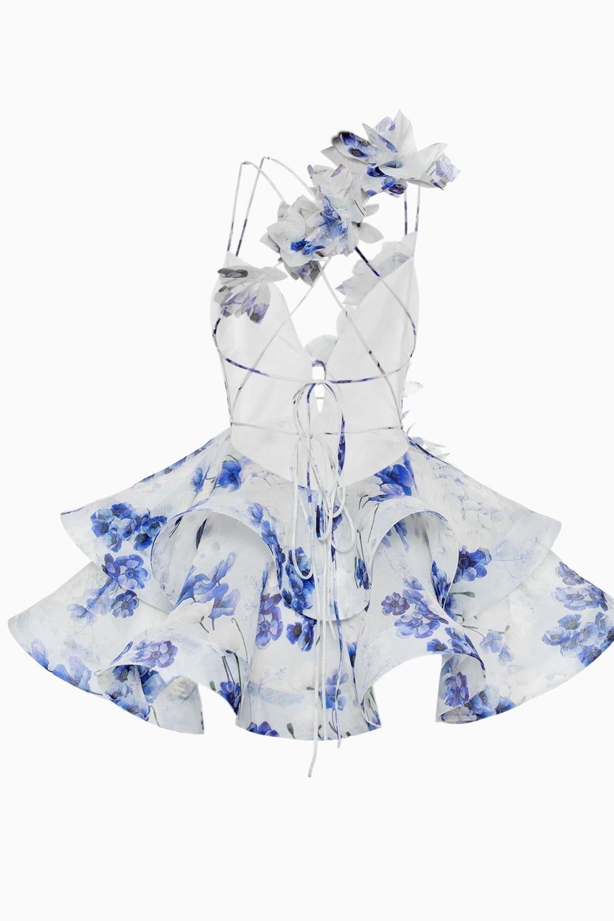 Floral Deep V-Neck 3D Flower Tiered Ruffle Mini Dress - View 8