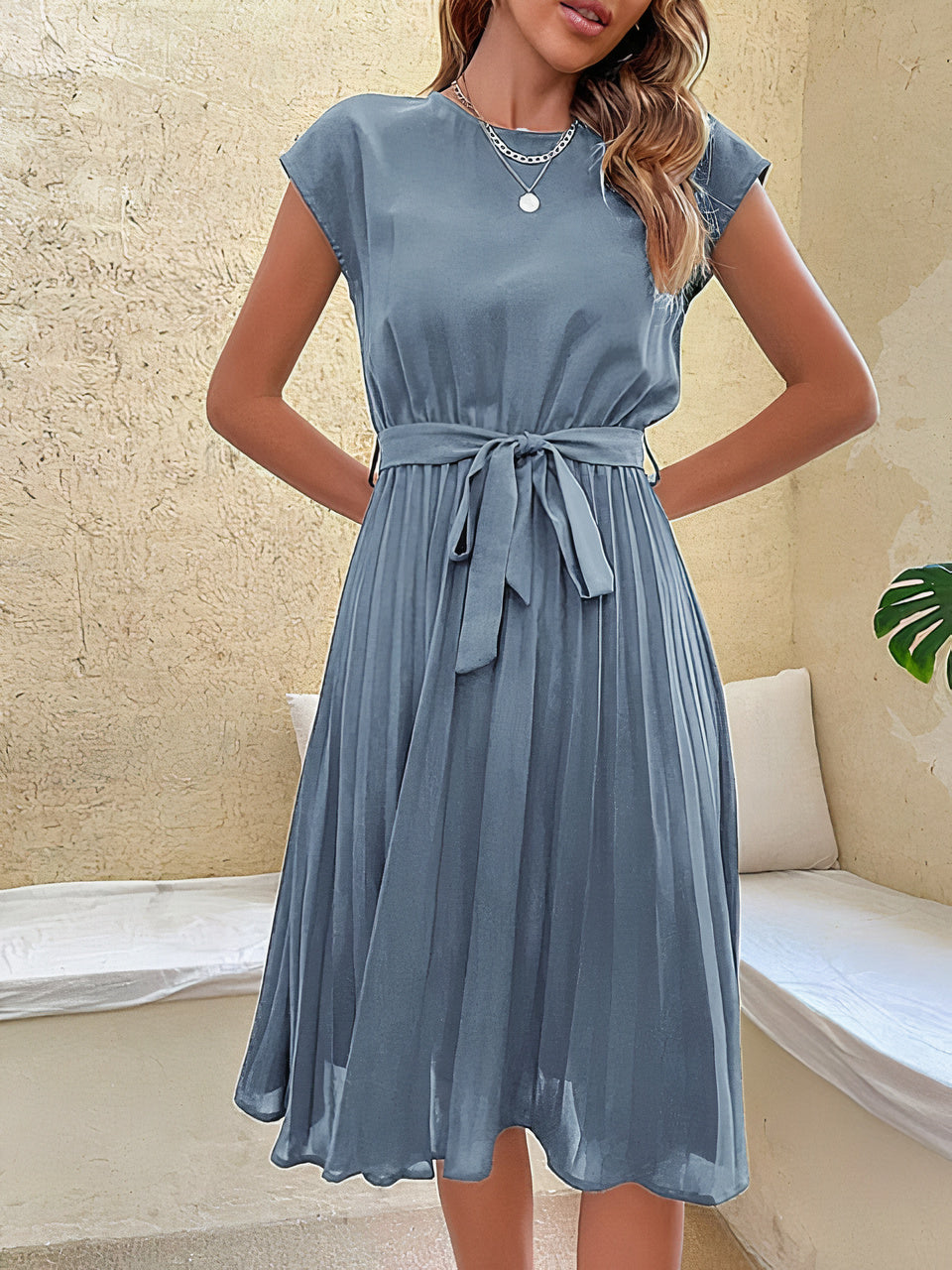 Cap Sleeve Tie Waist Pleated A-Line Midi Summer Dress - View 5