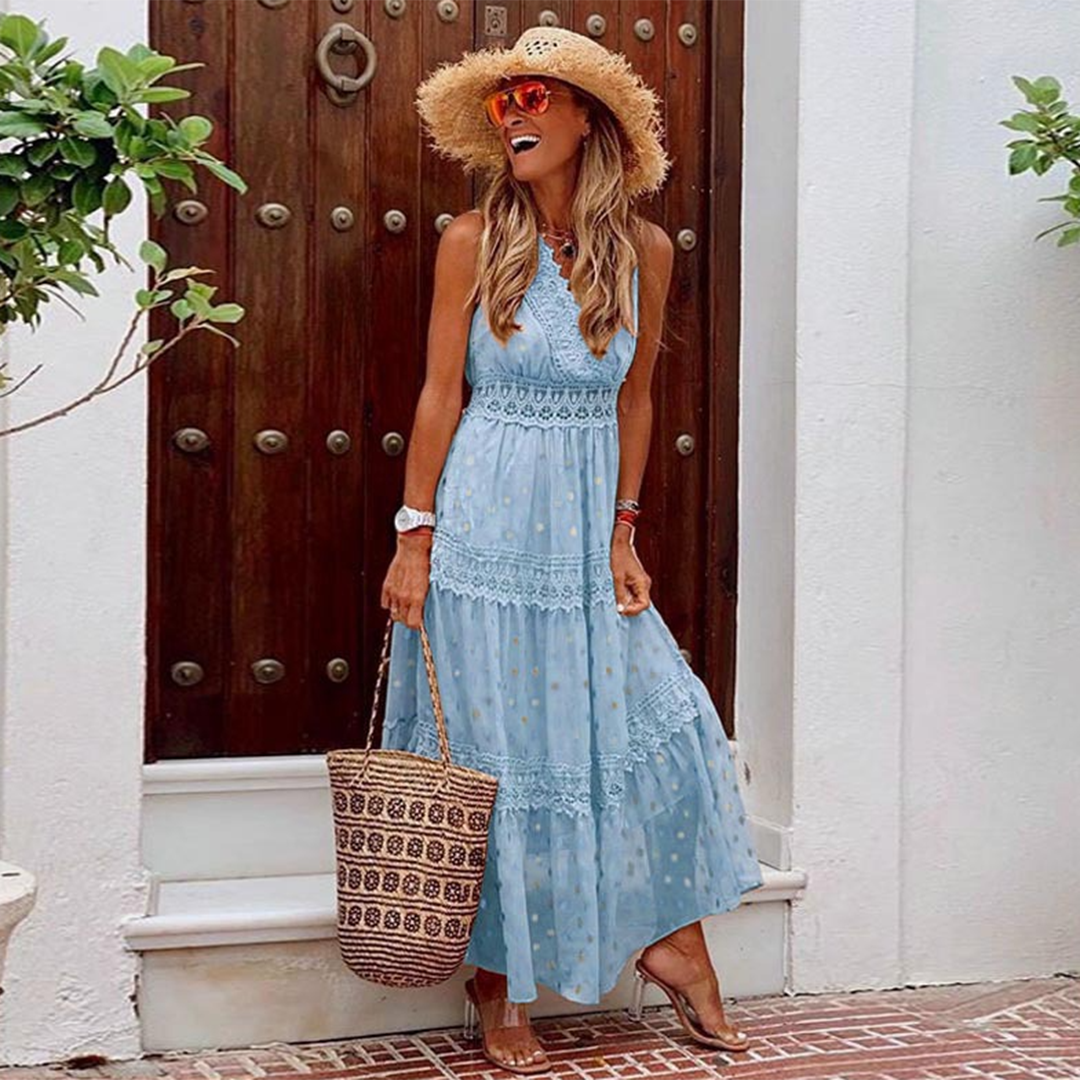 Halter V-Neck Lace Trim Tiered Boho Maxi Summer Dress - View 2