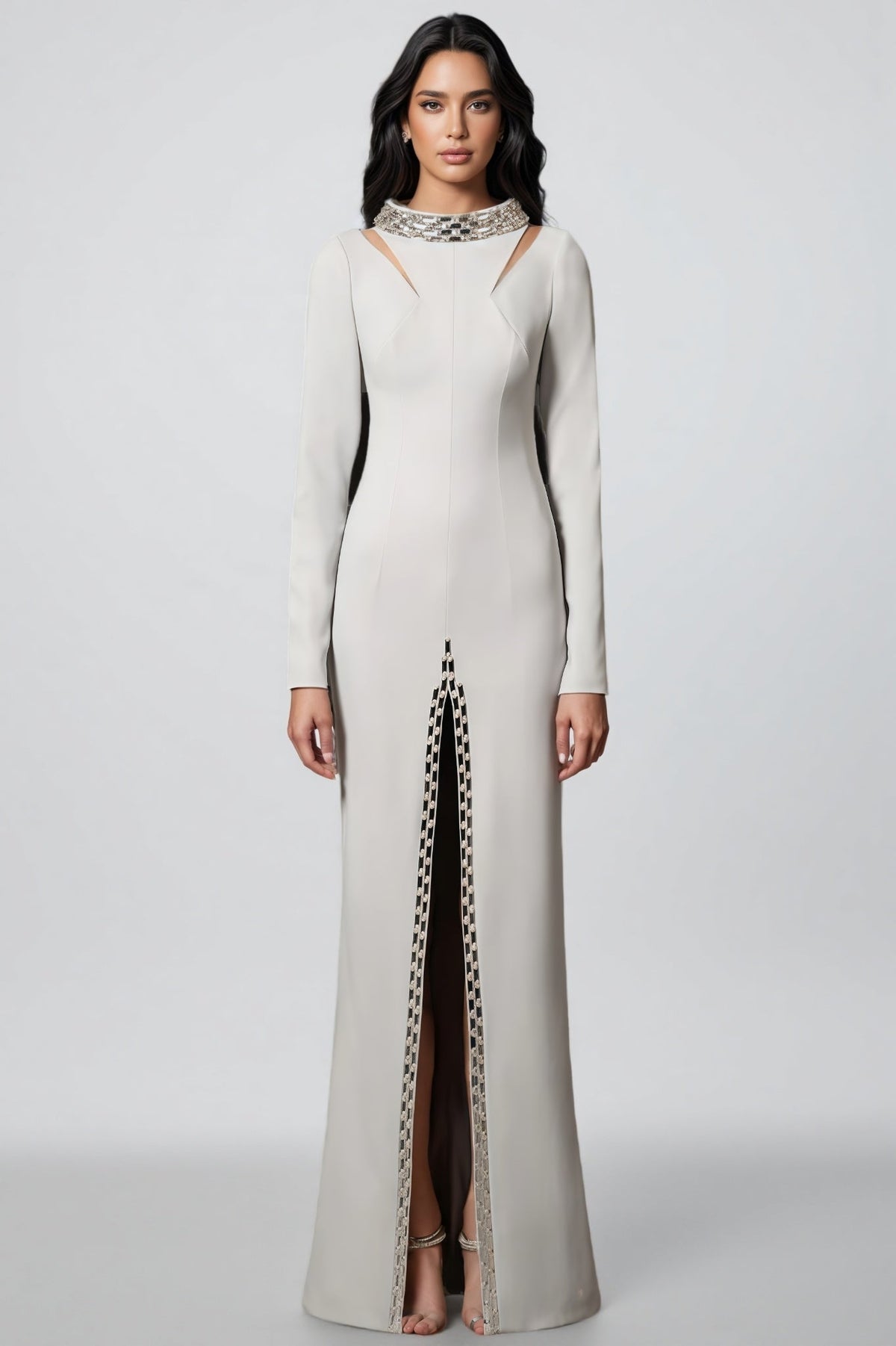Crystal Collar Long Sleeve Cut Out High Split Maxi Gown