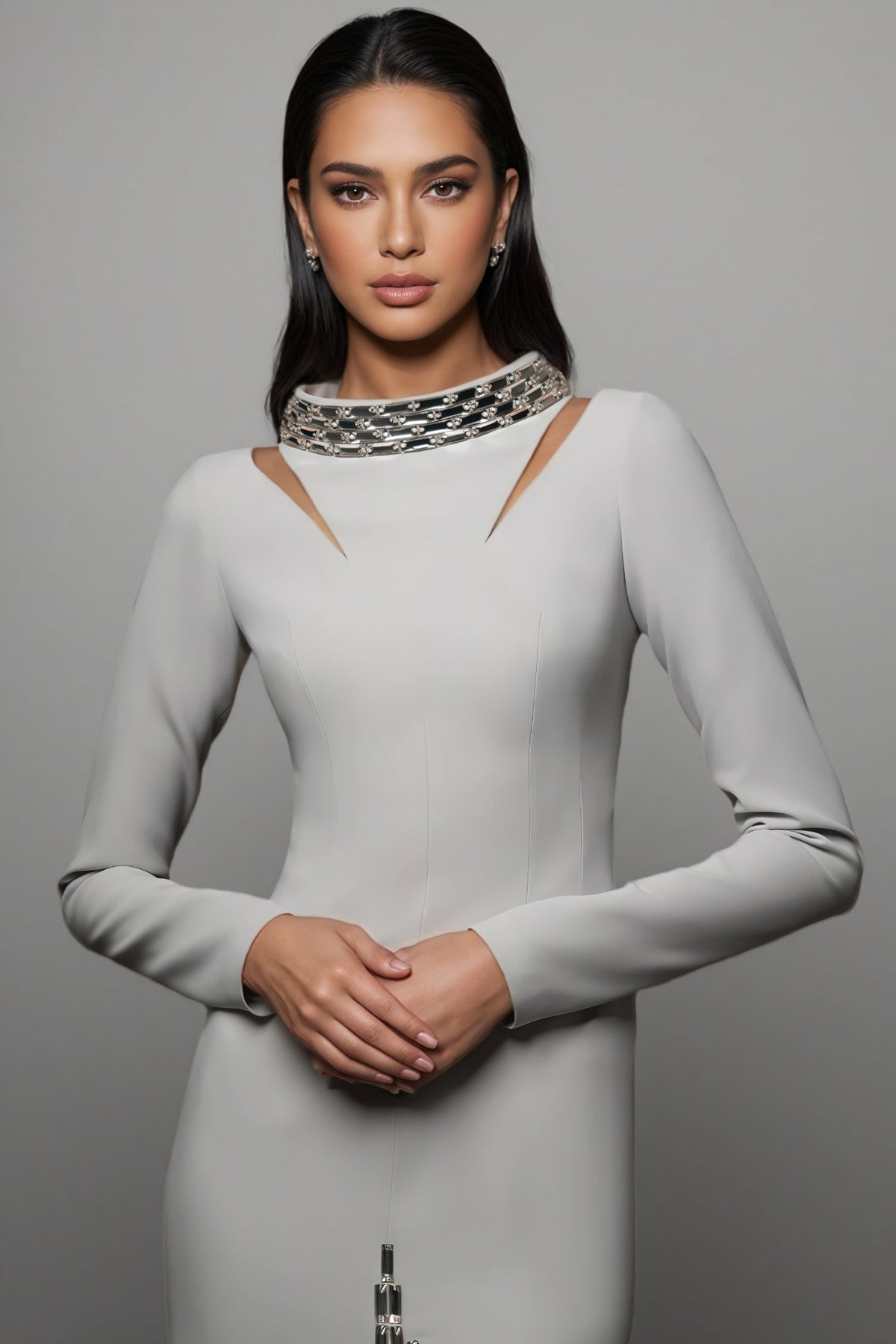 Crystal Collar Long Sleeve Cut Out High Split Maxi Gown - View 2