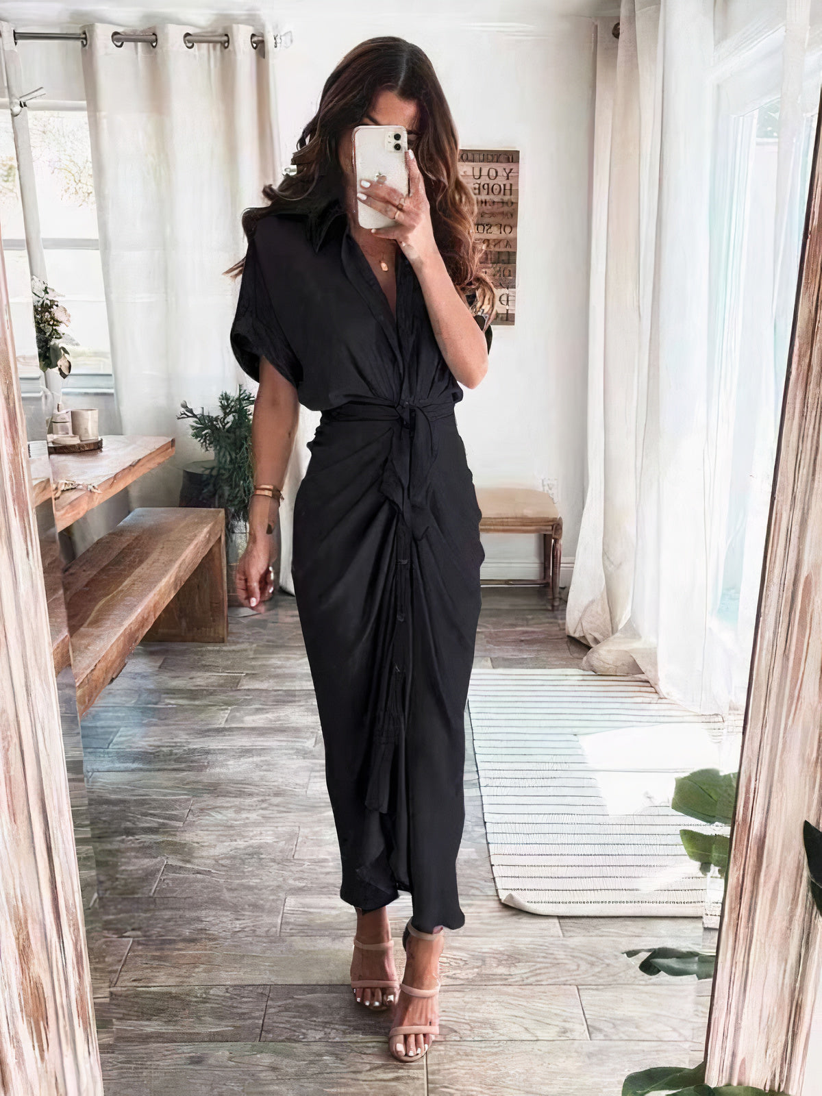 Satin Collared Short Sleeve Tie Waist Button Front Maxi Shirt Dress - View 7