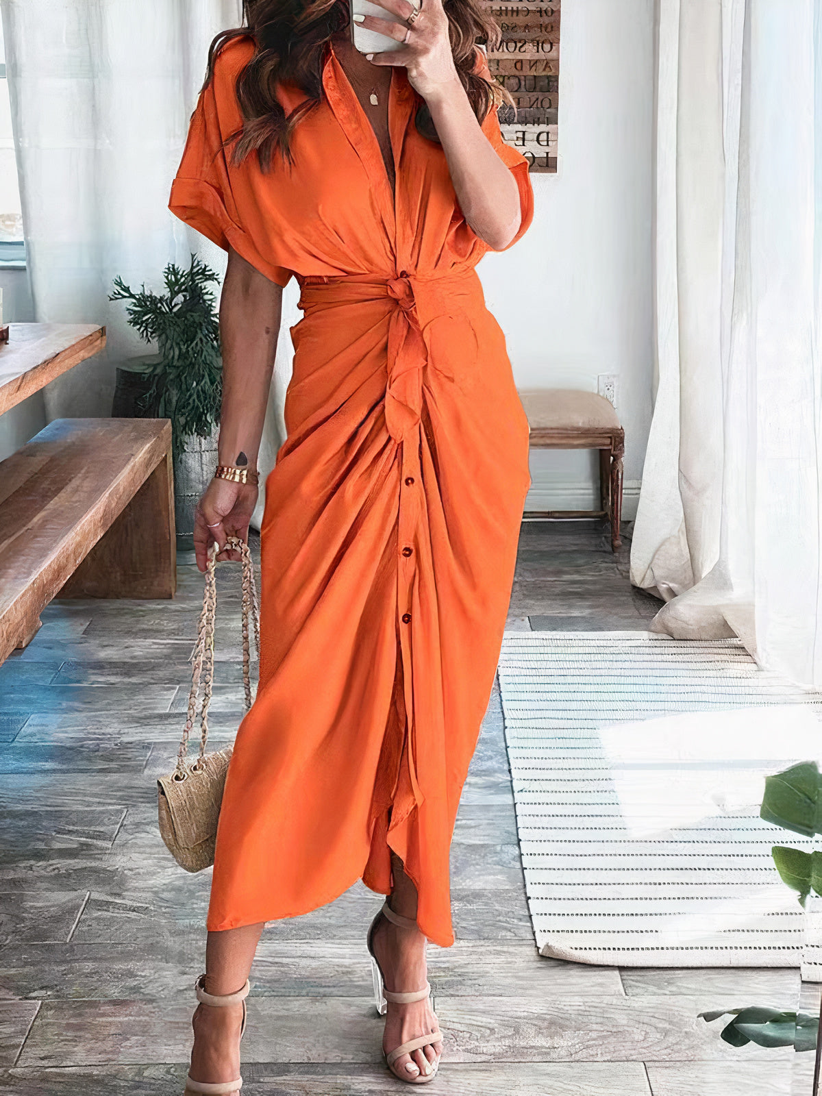 Satin Collared Short Sleeve Tie Waist Button Front Maxi Shirt Dress - View 9