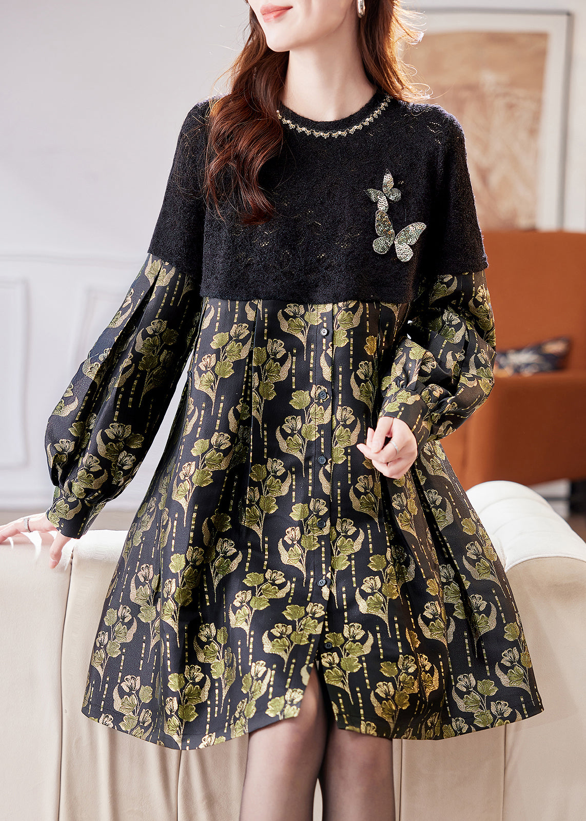 Butterfly Applique Balloon Cuff Sleeve Button Front Pleated Midi Dress - View 3