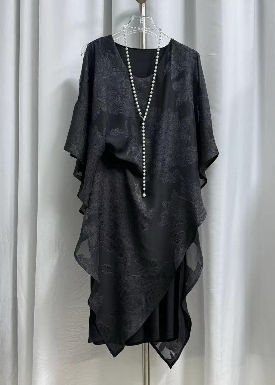 Floral Jacquard Sheer Cape Overlay Handkerchief Hem Midi Dress - View 4