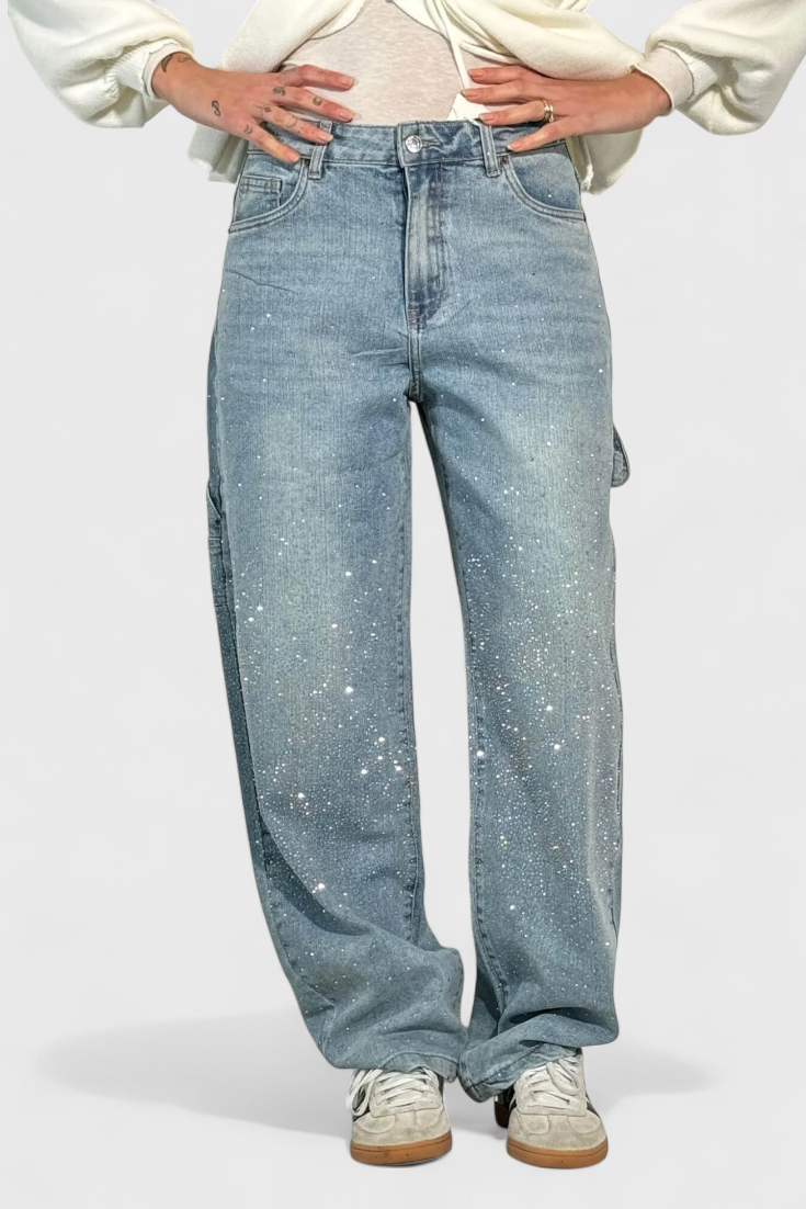 Rhinestone Embellished Wide Leg Cargo Jeans 5