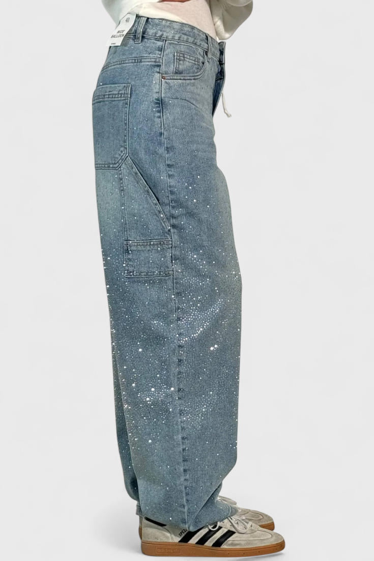 Rhinestone Embellished Wide Leg Cargo Jeans 8