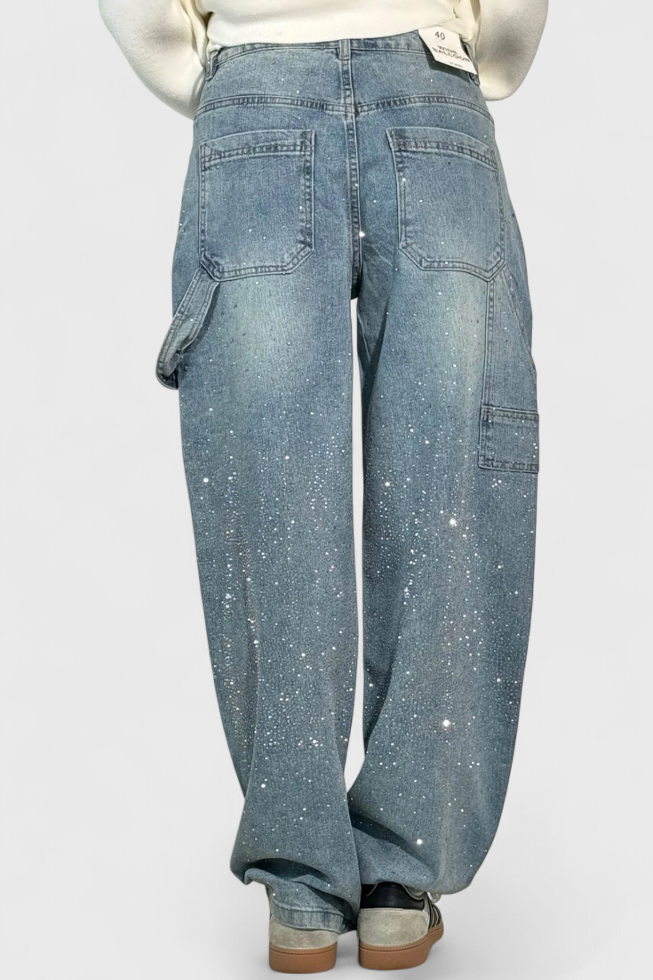 Rhinestone Embellished Wide Leg Cargo Jeans 6