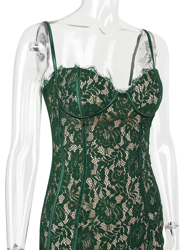 Lace Spaghetti Strap Sweetheart Bustier Bodycon Midi Dress - View 2