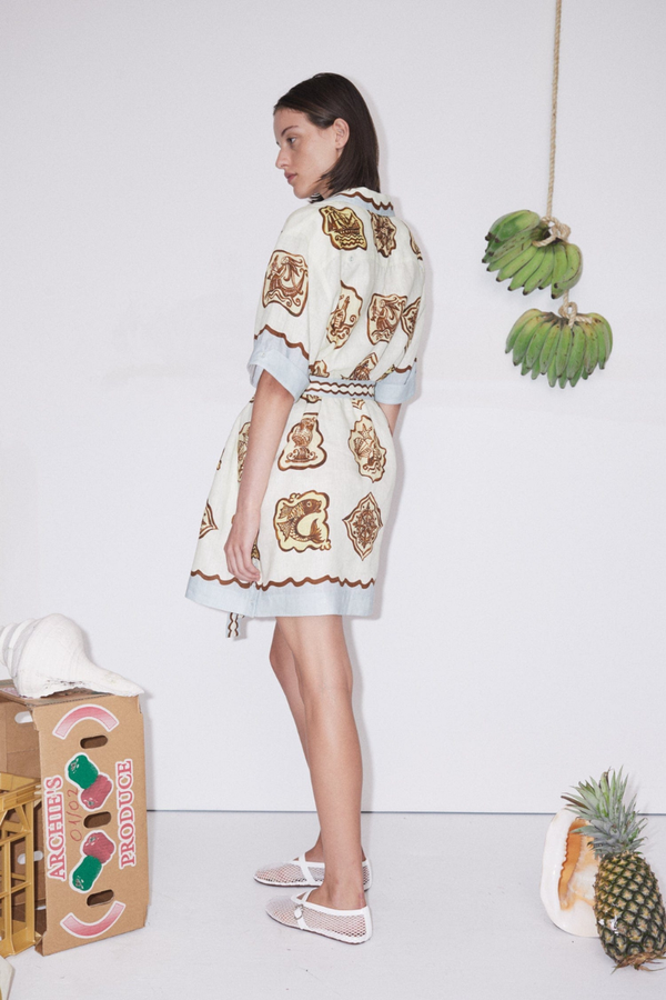 Ship Crest Print Scallop Trim Collar Short Sleeve Mini Dress - View 2